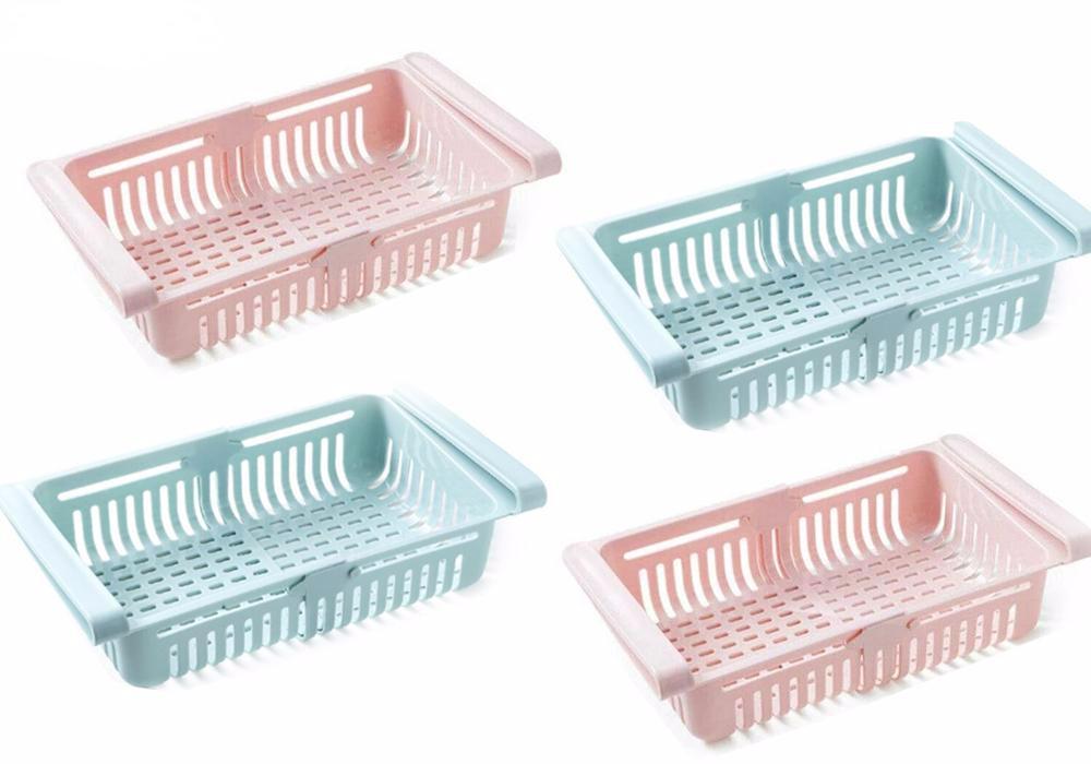 Adjustable storage baskets for fridge organization. Adjustable storage baskets for fridge organization.